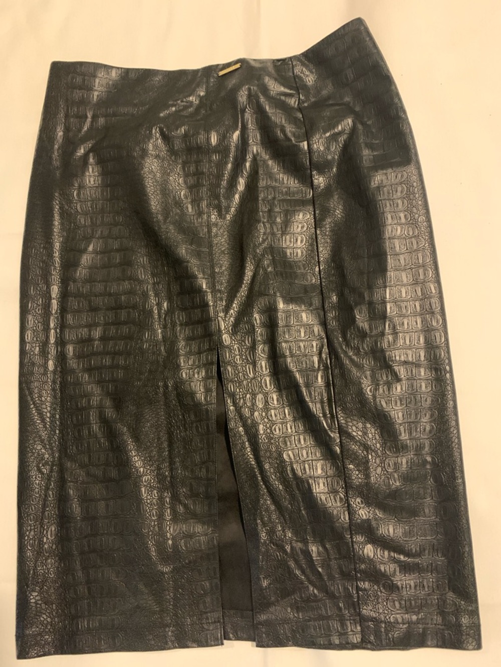 Black Faux-Croc Leather Pencil Skirt with Front Slit size M